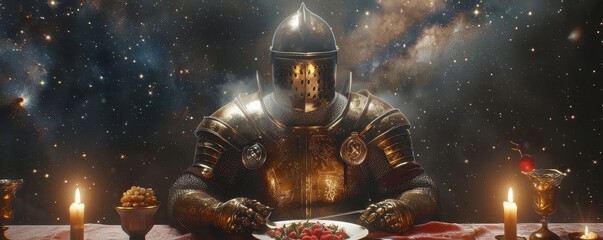 Cinematic render of a knight with a clear helmet gourmet feast on a llama-shaped table - obrazy, fototapety, plakaty