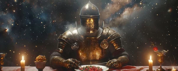 Poster Cinematic render of a knight with a clear helmet gourmet feast on a llama-shaped table © AlexCaelus