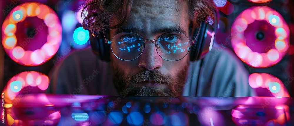Poster Scripting program on computer. Photograph of man working over laptop in dark room with neon lights. Guy with headset, glasses looks at code on screen. Hacker.