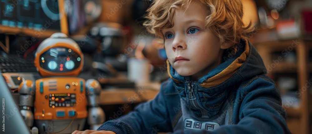 Fototapete Learning, engineering, science study of children through computer programming of robots for school. Children are taught coding on laptops, programming electronic constructors.