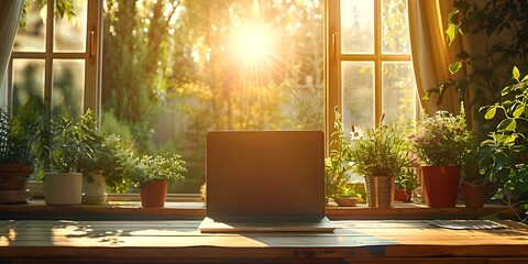 Working from home with laptop on desk illuminated by sunlight. Concept Home Office Setup, Natural Light, Workspace Inspo, Remote Work Essentials, Productivity Tips