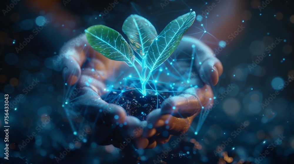 Leinwandbilder the hands of an abstract pair of hands are holding a young green plant in a pot. seedling. low poly 