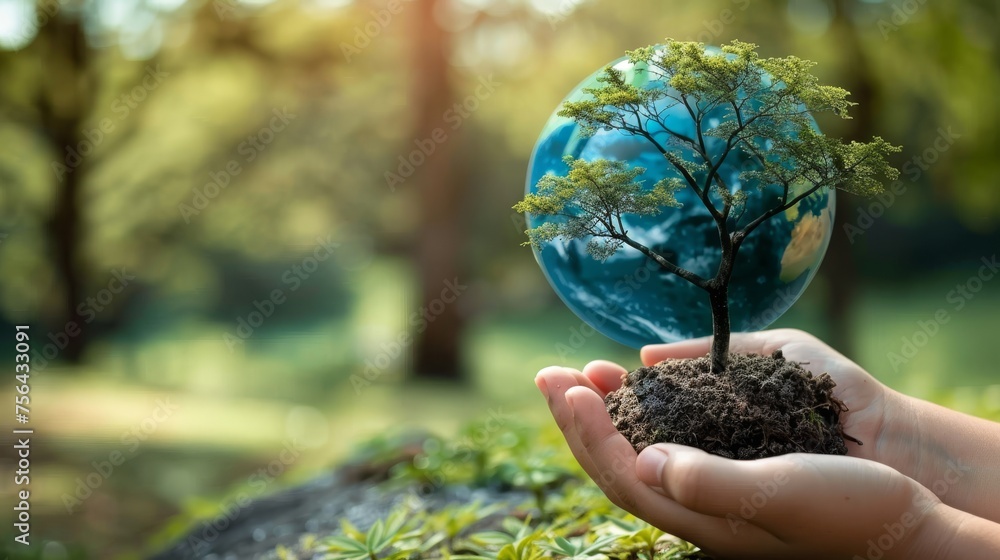 Poster a crystal globe with a growing tree on arbor day. environment, saving the planet, ecology concept. e