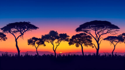 Fototapeta na wymiar Breathtaking silhouette of acacia trees against an african sunset sky gradient