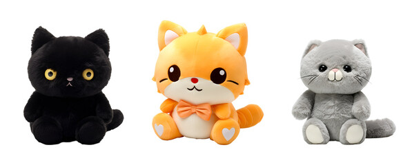 Cute Stuffed Animal Toy: A Colorful Set of Cartoon Cats in 3D Illustration, Isolated on Transparent Background, PNG