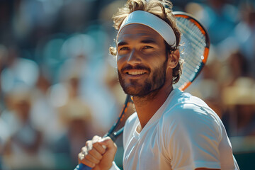 Male tennis player happy after winning point while playing tournament game