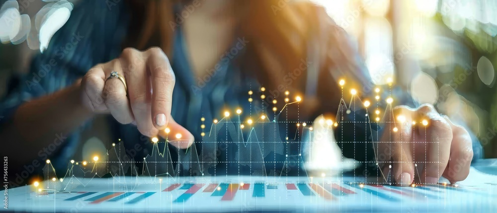 Poster A businessman touches a customer network icon and draws a graph showing the growth of his business with an increase of positive indicators, and analyzes financial and investment data as well as the