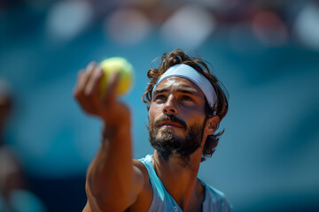 Male tennis player serving the ball while playing tournament game at tennis stadium