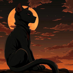 silhouette of a black cat against the background of an orange sunset. cat illustration