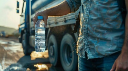 Fototapeta na wymiar Man Holding a Bottle of Water Outdoors. Generative ai