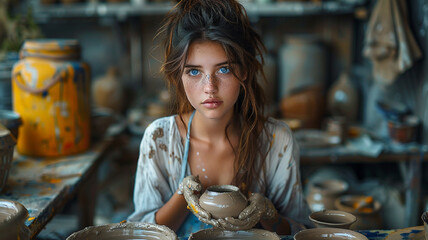 beautiful girl is engaged in pottery and sculpts a vase from clay