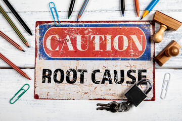 Root Cause. Metal CAOTION plate with text on a white wooden background