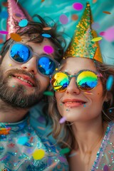 couple wearing party hats and festive glitter clothes and glitter party glasses on a pastel background with confetti