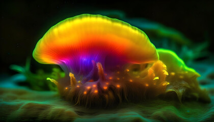 A strange creature glowing bright yellow in the dark