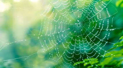 Morning dew on spiderweb in greenery