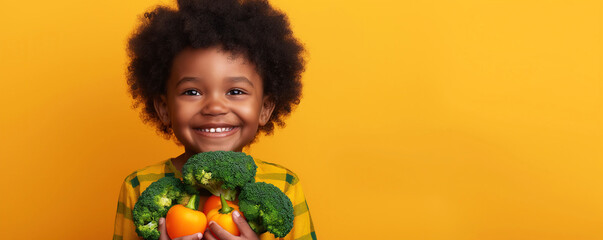 happy smiling black kid boy child hold in hands a harvest of vegetables on yellow isolated background. Baby healthy nutrition food - obrazy, fototapety, plakaty