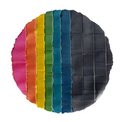 ai generated, A flat circular piece of cloth sticker with seven vertical stripes in the colors red, orange, yellow, green, blue, purple and black. The background is white. - obrazy, fototapety, plakaty