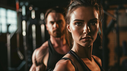 Man and Woman on a gym portrait. fitness muscle body working out. - obrazy, fototapety, plakaty