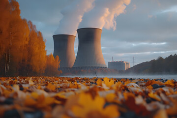 Nuclear power station with steaming cooling towers and canola field