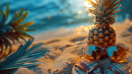 pineapples in stylish sunglasses . Tropical summer vacation concept. family holiday. Happy sunny day on the beach of tropical island

