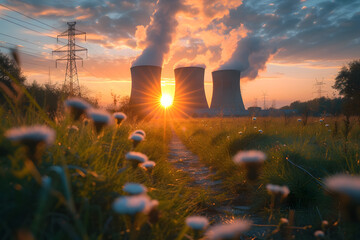 Nuclear power station with steaming cooling towers and canola field - obrazy, fototapety, plakaty