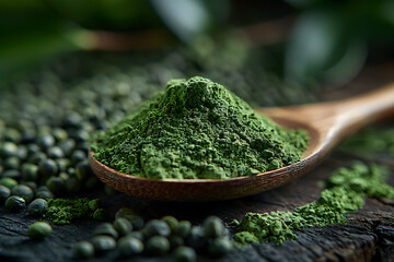 Organic matcha green tea in a bowl or on a wooden spoon, green powder
