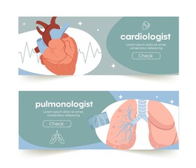 Hand drawn flat organ horizontal banner template collection with anatomical heart and lungs