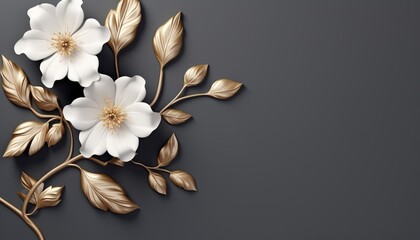 White Flower With Gold Leaves on Black Background