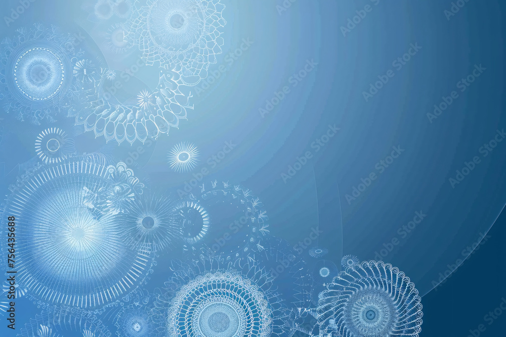 Poster blue background with white abstract circular patterns and light effects
