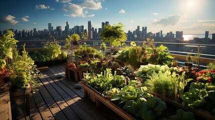 A city rooftop garden filled with rows of vegetables and herbs, highlighting the potential of urban spaces to produce fresh, organic food. - obrazy, fototapety, plakaty