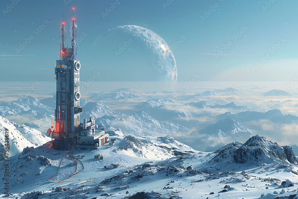 Poster 3d base station receiver. telecommunication tower 6g. polygonal design global connection information