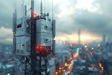 3d base station receiver. telecommunication tower 6g. polygonal design global connection information transmitter. Mobile radio antenna cellular ,sound wave - obrazy, fototapety, plakaty