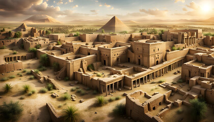 panoramic view of an a large ancient egyptian city with large buildings and houses stretching to the horizon with a pyramid