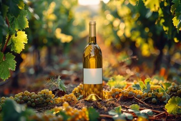 A bottle of white wine is sitting on a vineyard with grapes
