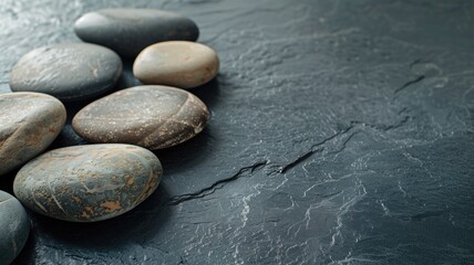 Smooth, patterned stones arranged neatly on a dark, textured background