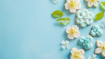 Assorted decorated cookies with floral patterns on a blue background