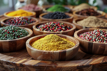 Fototapeta premium different spices in wooden plates