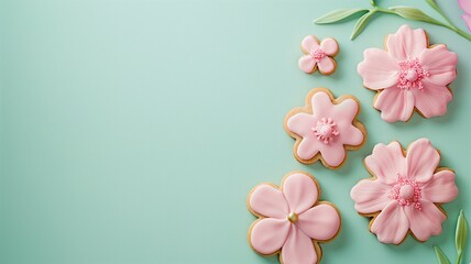 Fototapeta na wymiar Iced flower-shaped cookies with pink icing on a turquoise backdrop