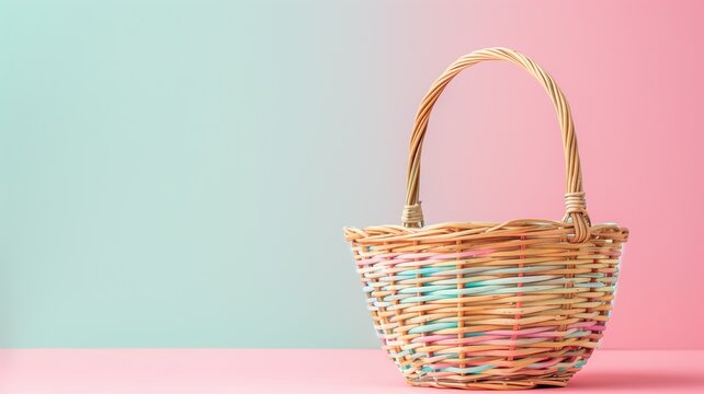 Wicker basket on a pastel pink and blue background, with ample copy space