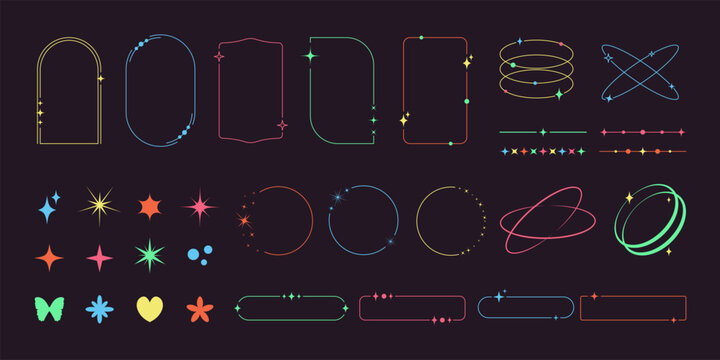 Modern minimalist aesthetic line frames and trendy shapes with stars set. Y2K multicolor design elements.