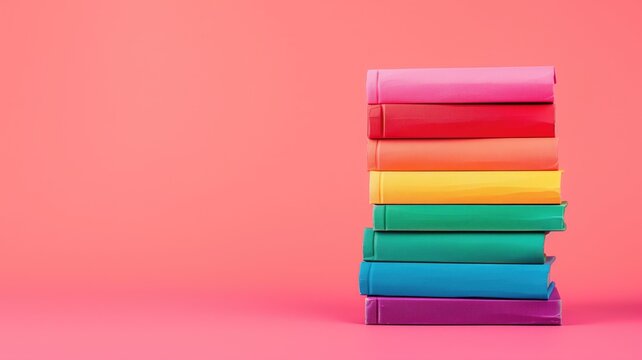 Stack of colorful books on pink background, LGBTQ+ concept