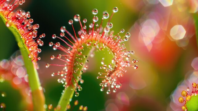 Vibrant sundew plant (Drosera Capensis) with sparkling dew drops on tentacles