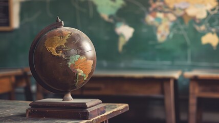 An old-world globe sits on a desk in a classroom setting