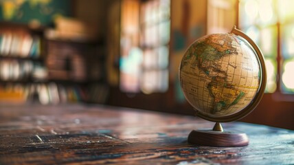 Vintage globe on a wooden table with blurred bookshelves behind