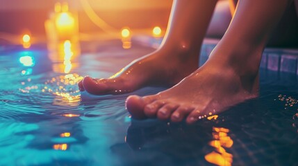 Close-up of a person's feet submerged in clearwater, toes wiggling slightly against the ripples, on spa salon - obrazy, fototapety, plakaty