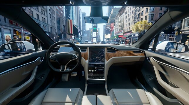 Luxury car interior viewpoint on city street, modern design, driver's perspective, urban lifestyle. AI