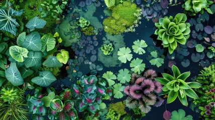 Schilderijen op glas Lush green aquatic plants in a serene pond, top view © Татьяна Макарова