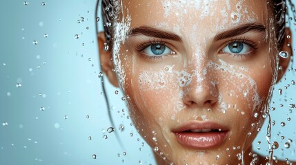 A woman with striking blue eyes is shown with water droplets on her face.