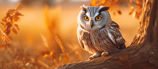 little owl in the nature habitat, sitting on the dry tree branch - Powered by Adobe