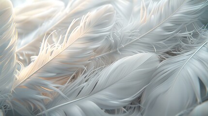 Elegant soft white feathers close-up, delicate texture detail. serene and pure, perfect for backgrounds and design elements. AI